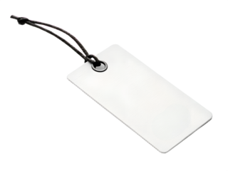 A white tag with a black loop hanging from it.
