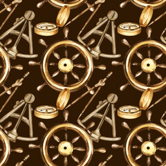 watercolor seamless pattern of vintage nautical equipment, brown textured boat steering wheel, old compass, antique metal navigation tools, sextant, divider, historical illustration brown background