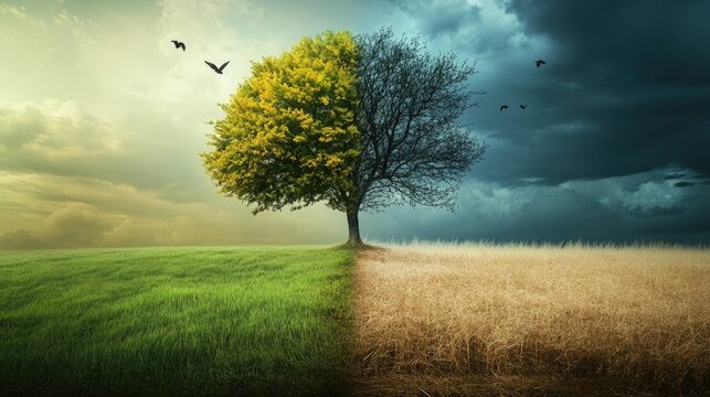 Symbolic dichotomy of life and death presented through contrasting seasons on a single tree and its surrounding landscape