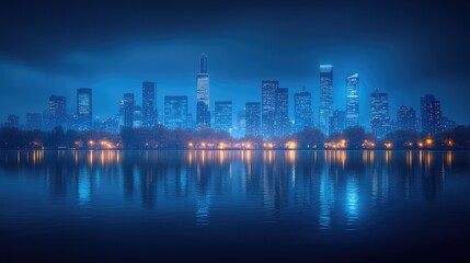 Fototapeta premium Night city skyline reflected in calm lake