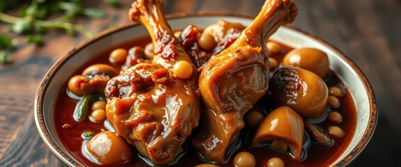 Fototapeta premium Tender braised chicken shanks, mushrooms, soybeans in rich soy sauce, brown sauce, braising