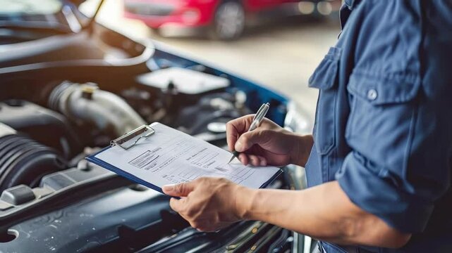 a male auto mechanic fills out a form. Selective focus