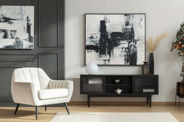Modern living room with abstract art, a white armchair, and a black wooden sideboard