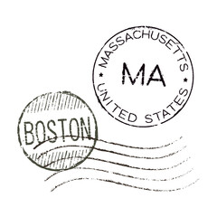 Postal rubber stamps BOSTON, MASSACHUSETTS, UNITED STATES, along with the ZIP code, state abbreviation (MA), and date. Retro-style seals for letter envelopes, greeting cards, passports, and parcels.