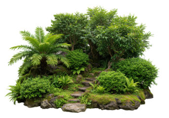 Lush garden on rocks isolated on white background