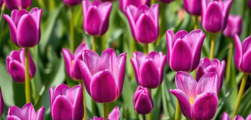 Obraz premium Vibrant purple tulips in full bloom, close-up view, fresh, flower, blossom