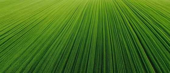 Obraz premium Aerial View of Lush Green Agricultural Field with Parallel Lines of Crops Under Bright Blue Sky