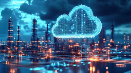Obraz premium Cloud Computing Over Industrial Cityscape: Digital Transformation and Innovation