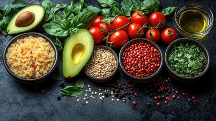 Healthy ingredients, dark background, cooking, food preparation, recipe