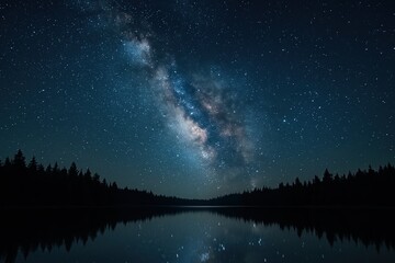 Naklejka premium Majestic Milky Way Reflection Over Tranquil Lake With Pine Silhouette Under Starry Night Sky