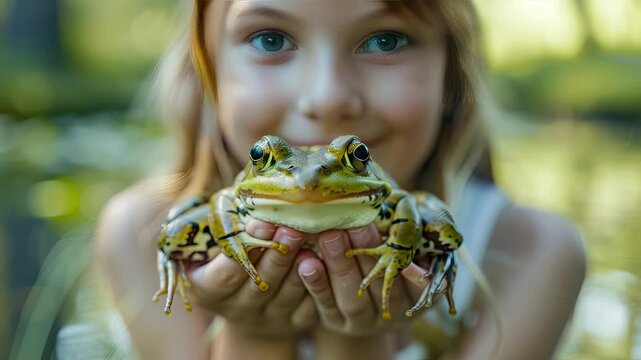 a child girl holds a frog in her hands. selective focus