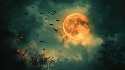Fototapeta premium Mysterious bat flight under full moon spooky forest digital art nighttime atmospheric concept