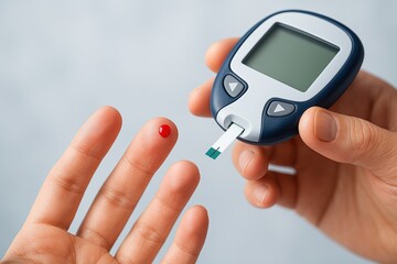 Fototapeta premium Person Testing Blood Glucose for Diabetes with Finger Prick and Glucometer in Focus for Health Monitoring and Diabetes Awareness Photography