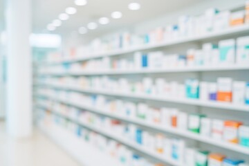 Abstract Pharmacy Drugstore Interior With Medicine Products On Shelves, Healthcare Concept, Blurred Background
