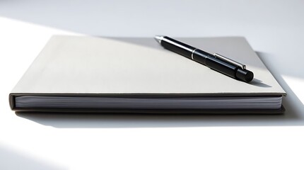Horizontal Grey Notebook with Pen on White Background with Sunlight