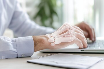 A person working at a computer suffers from wrist pain caused by repetitive typing. The scene illustrates strain, poor ergonomics, and potential early signs of carpal tunnel syndrome