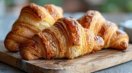 Golden Croissants on Rustic Wooden Board of excellence in splendor beyond compare with grace