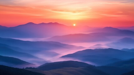 A breathtaking view of mountains as the sun sets, casting vibrant hues across the sky and creating a serene atmosphere.