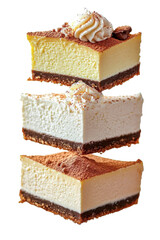 cheesecake slices with cocoa powder and whipped cream
