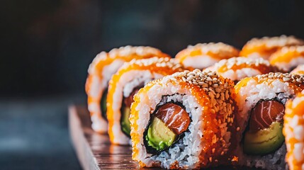 Ultra realistic close up of sushi rolls with salmon avocado and sesame on wooden table created with Generative AI technology
