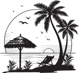 Tropical Beach Silhouette: Palm trees sway gently against a setting sun, casting long shadows across the beach as a lounge chair and beach umbrella provide a tranquil scene of paradise.