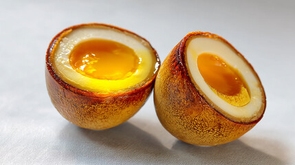 Japanese simmered egg on soy-stained surface sliced in