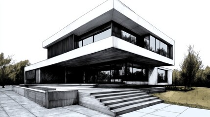 Obraz premium architectural sketch of modern house and condominium building, clean lines, black and white ink style, wide layout