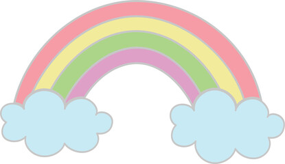 Simple colorful cute rainbow. Rainbow with two blue clouds isolated on white background, vector illustration.	