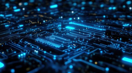 A close-up view of a futuristic circuit board glowing with blue light, symbolizing advanced electronics and digital innovation.