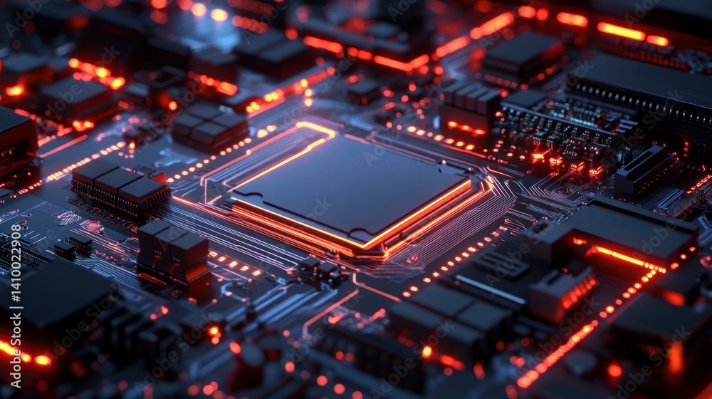 Poster a close-up view of a modern computer chip surrounded by intricate circuitry and glowing lights, show