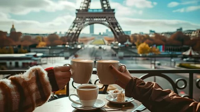 hands holding coffee on the background of the Eiffel Tower. Selective focus