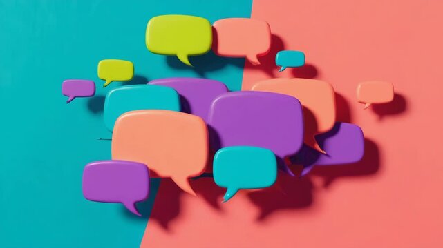Colorful and playful grouping of speech bubble shapes on a vibrant two-tone background evoking communication