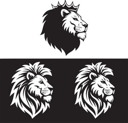 Obraz premium Lion Head Designs: A collection of stylized lion head illustrations, perfect for logos, branding, or any project needing a majestic touch. One features a crowned lion head in black and white.