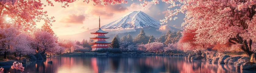 Cherry blossom festival at mount fuji japan scenic landscape photography serene reflection vibrant colors