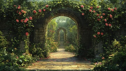 Enchanting blooming garden archway serene nature setting digital artwork lush green environment captivating viewpoint
