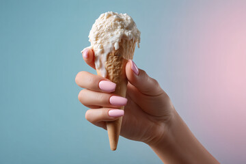 Hand holding vanilla ice cream cone on a bright blue and pink gradient background in studio lighting.