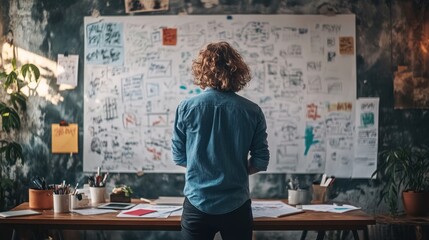 A creative professional brainstorming ideas in an inspiring workspace using sketches and notes on a collaborative wall.