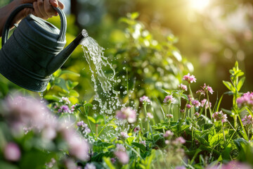 Watering garden flowers at sunrise