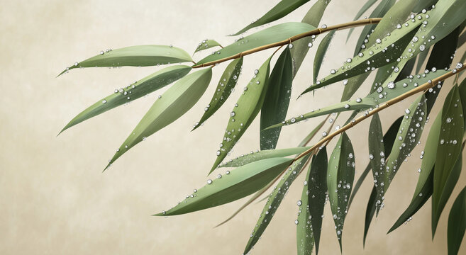 Close-up de folhas de bambu com gotas de orvalho em fundo claro