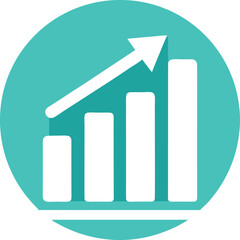  a flat icon of a bar chart or graph with an upward arrow, symbolizing development or growth, teal vector style on transparent background.