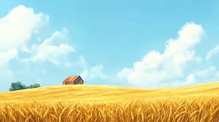 Fototapeta premium Golden Wheat Field Landscape with Rustic Barn and Sunny Blue Sky