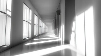 Obraz premium A minimalist, sunlit hallway with expansive windows.
