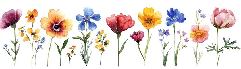 Vibrant floral arrangement showcasing wildflowers outdoor garden watercolor art bright color palette aesthetic perspective