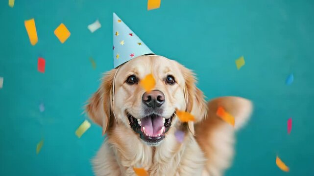 Delightful golden dog celebrates with party hat and colorful confetti on turquoise backdrop, creating joyous and festive occasion.