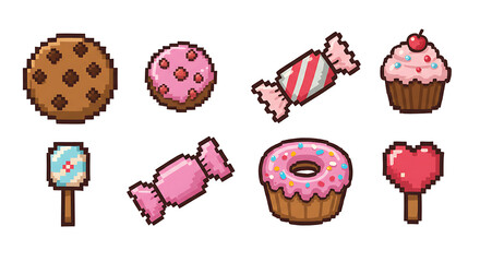 sweet pixel icons, vintage, 8-bit, 80s, 90s games, computer arcade game items, cookie, candy, cupcake, donut, vector illustration
