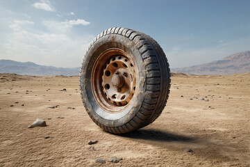A worn tire stands alone in a barren, sandy landscape, hinting at journeys and the passage of time.