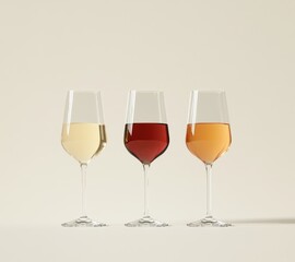 Elegant wine glasses showcasing white, red, and ros? wines.  Three different colored wines in clear stemware