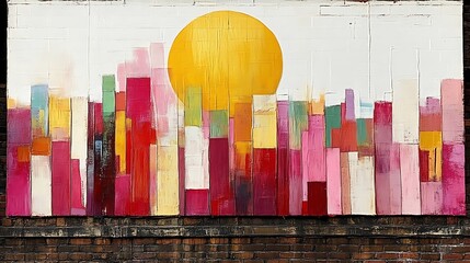Abstract Cityscape Mural Sun Setting Over Buildings