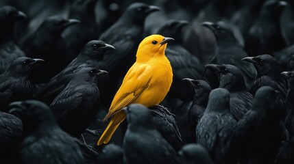 Yellow bird among black birds, nature, contrast, unique, individuality, stock photo
