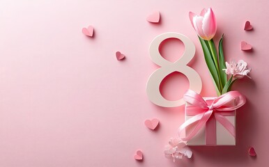 Fototapeta premium Number Eight Shape with Gift and Flowers on Pink Backdrop with Heart Accents